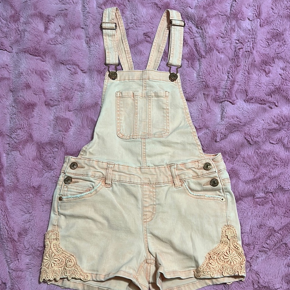 Justice peach jean overall shorts - girls size 12